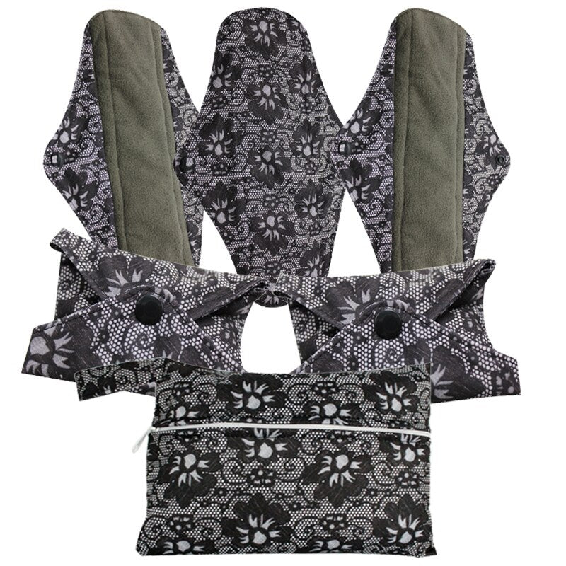 5 PCS Charcoal Bamboo Mama Cloth Pads Washable Menstrual Pads Reusable Sanitary Towels